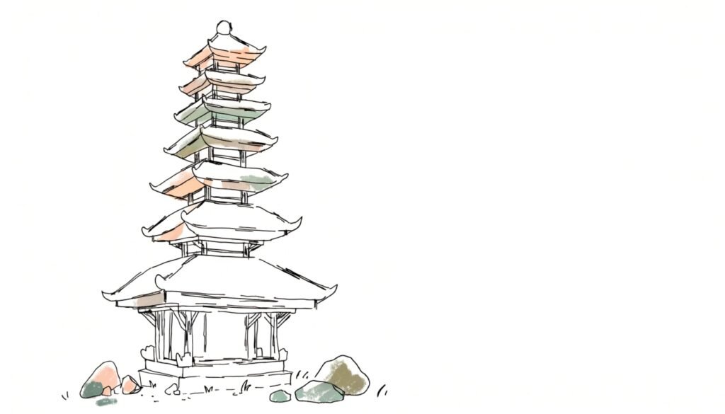 templo asiático ilustrado en estilo acuarela minimalista