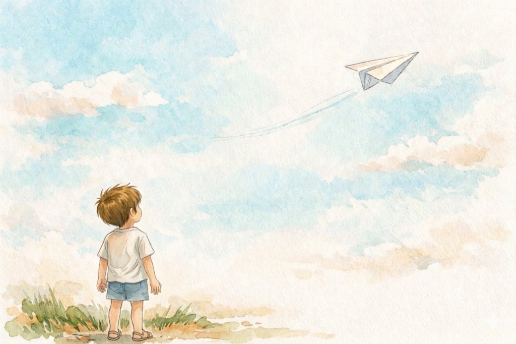 niño despidiéndose mientras observa un avión de papel